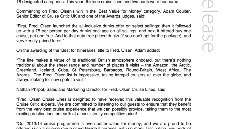Fred. Olsen Cruise Lines scoops  ‘Best Value for Money’ and ‘Best for Itineraries’  in the ‘2012 Cruise Critic UK Editors’ Picks Awards’  