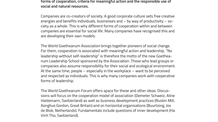 Taking Responsibility for Social and Natural Resources. ​World Goetheanum Association launches initial projects