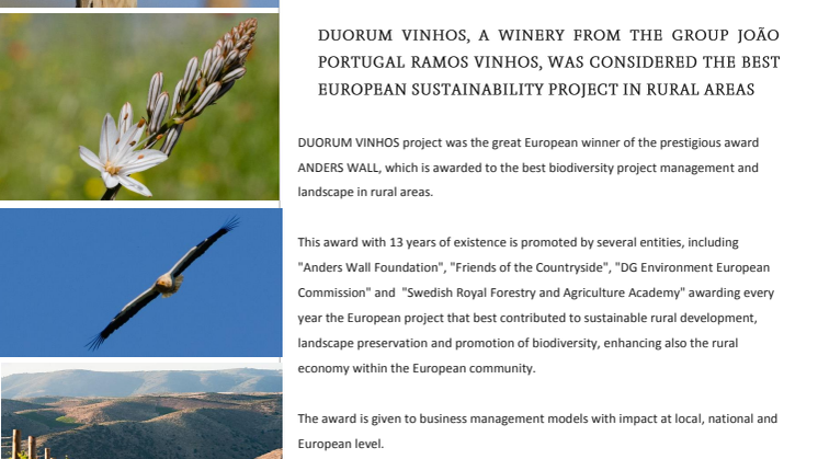 Pressmeddelande Hermansson & Co- Duorum Vinhos utsett till bästa europeiska hållbarhetsprojekt! 
