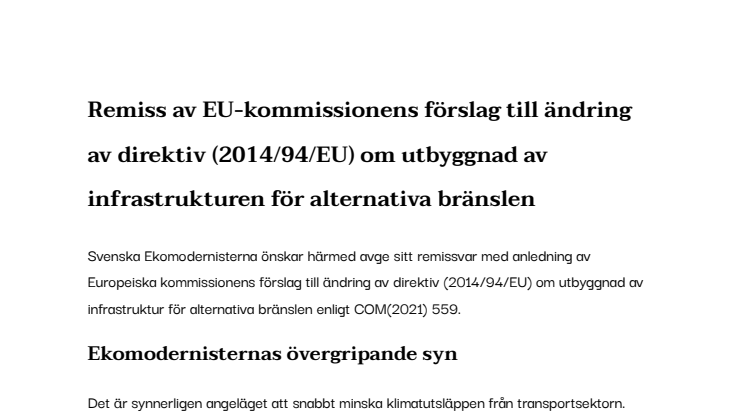 Remiss av EU-kommissionens förslag till ändring av direktiv (2014/94/EU) om utbyggnad av infrastrukturen för alternativa bränslen
