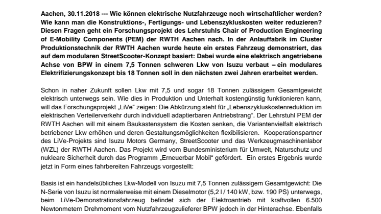 Pressemitteilung PEM der RWTH Aachen: "Elektro-Lkw sollen leistungsstärker und wirtschaftlicher werden: Kooperationspartner aus Forschung und Industrie demonstrieren emissionsfreien 7,5 Tonnen-Lkw"