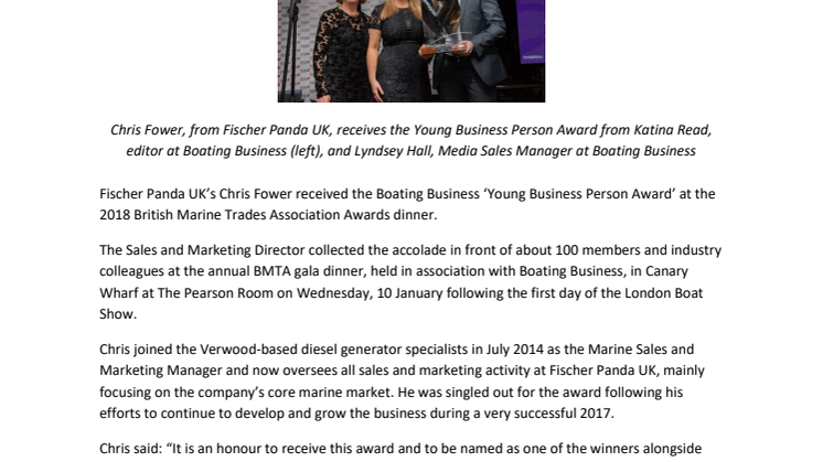 Fischer Panda UK’s Chris Fower Recognised at  2018 British Marine Trades Association Awards Dinner