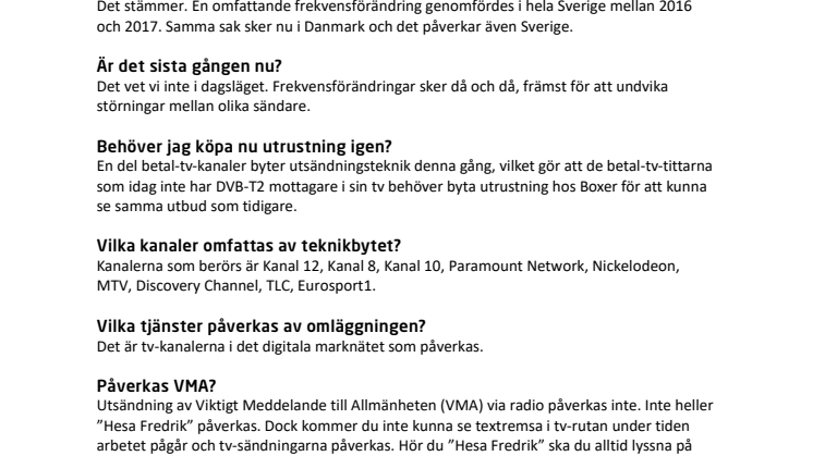 Frekvensomläggning 2020 - Frågor och svar