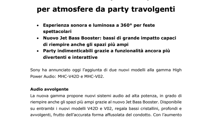 Nuovi diffusori Sony ad alta potenza per atmosfere da party travolgenti