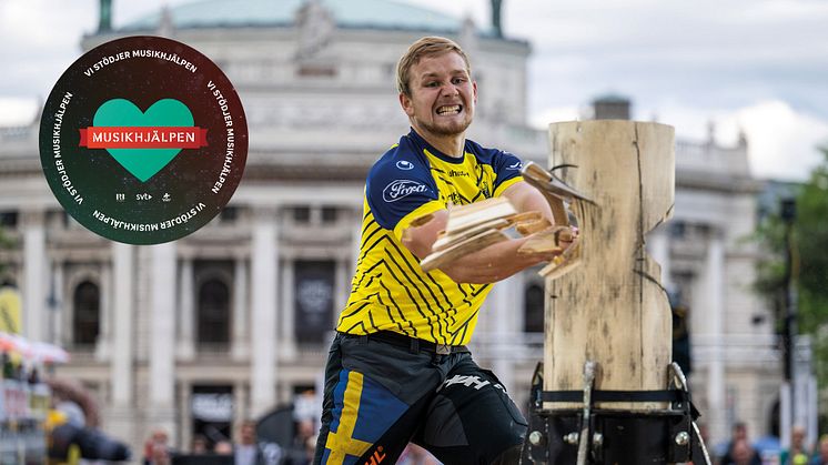 Emil Hansson och de svenska TIMBERSPORTS® atleterna bjuder på uppvisning den 14 december, i samband med insamling till Musikhjälpen.