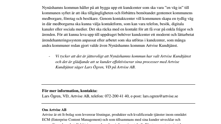 Nynäshamns kommun väljer Artvise Kundtjänst!