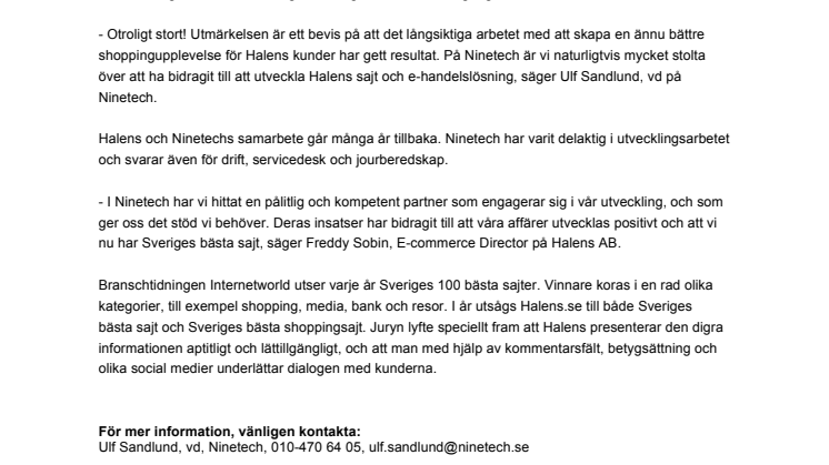 Glada miner på Ninetech när Halens.se utsågs till Sveriges bästa sajt 2010