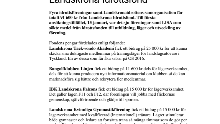 Idrottsföreningar får pengar från Landskrona Idrottsfond