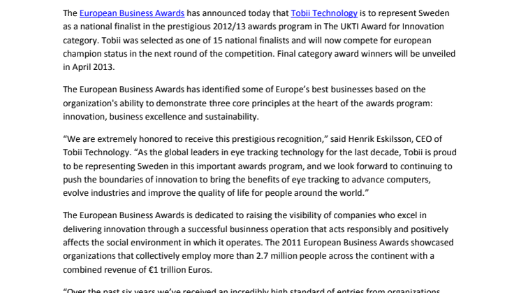 Tobii Selected as Top Innovator, Representing Sweden in European Business Awards