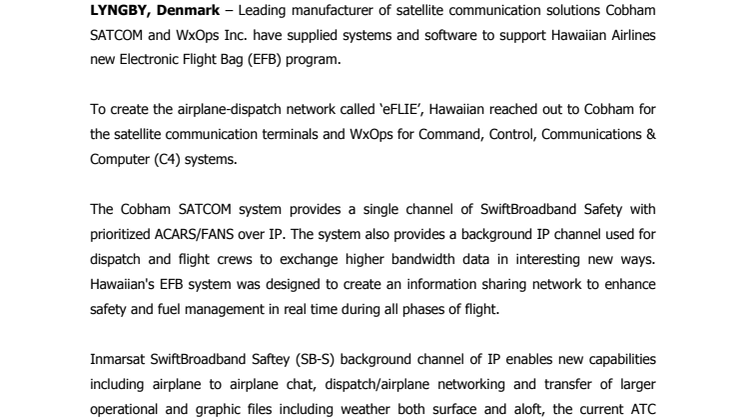 Cobham SATCOM and WxOps Inc.  Support Hawaiian’s new EFB Program