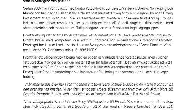 Priveq - ny huvudägare för konsultbolaget Frontit