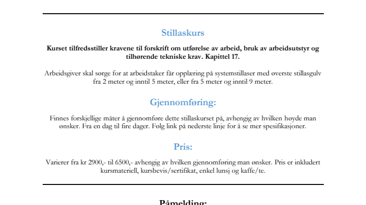 Invitasjons til kurs i stillas med oppstart 4 september 2017 - i Bergen