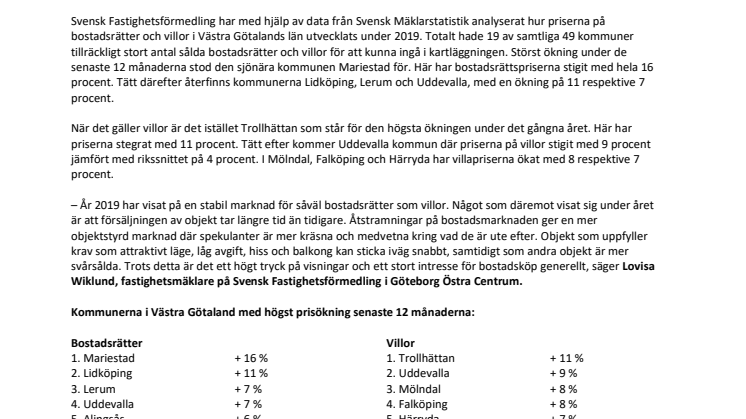 Svensk Fast kartlägger bostadsåret 2019: Stabil prisutveckling i Västra Götaland