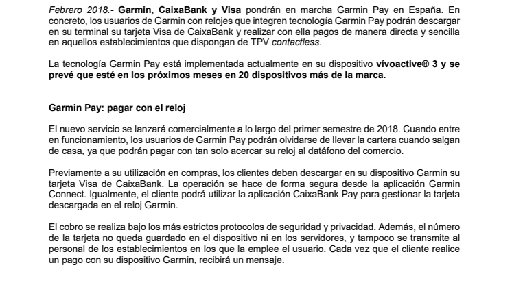 Garmin, CaixaBank y Visa se alían para facilitar  el pago a través de los dispositivos Garmin