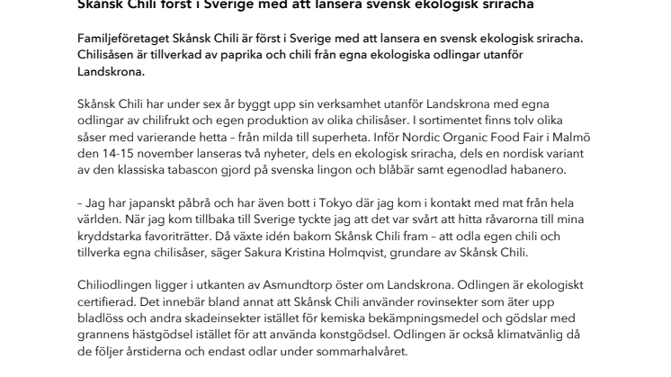 Skånsk Chili först i Sverige med att lansera svensk ekologisk sriracha 
