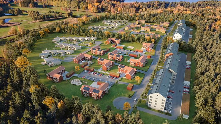 Visionsbild över hur det nya bostadsområdet i närheten av Mariestads golfbana kan se ut.                     Illustration: PE Teknik & Arkitektur