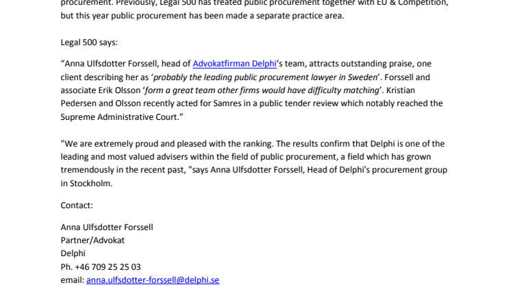 Legal 500 publishes new rankings - Delphi alone top-ranked in the field of public procurement