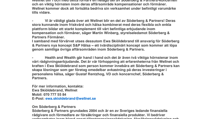 Söderberg & Partners förvärvar Wellnet