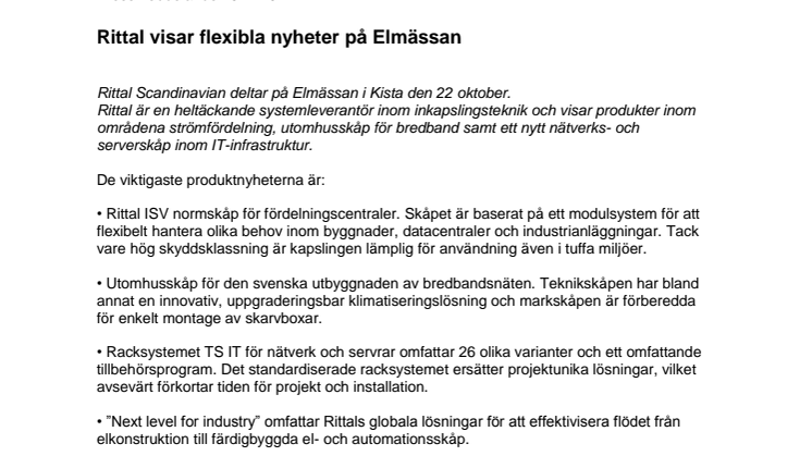 Rittal visar flexibla nyheter på Elmässan