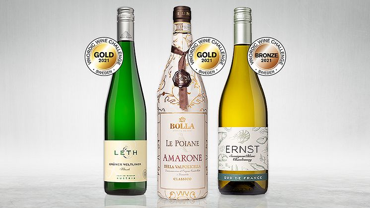 Guld till Bolla Le Poiane Amarone 2016. Guld till Leth Grüner Veltliner 2020. Brons till ERNST Sauvignon Blanc 2020. Tre vinnarviner från Domaine Wines i Vinordic Wine Challenge.