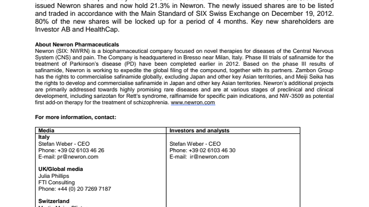 Newron closes acquisition of NeuroNova