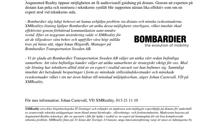 Bombardier Transportation Sweden AB och XMReality AB utökar sitt samarbete för effektivare servicearbete