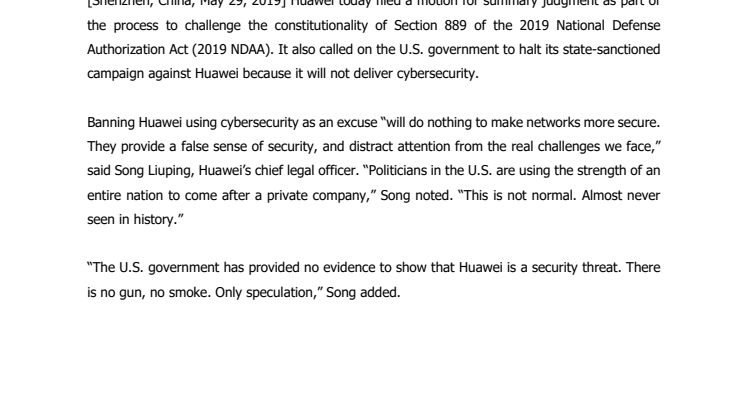 Pressmeddelande - Huawei calls on U.S. to adjust its approach to tackle cybersecurity effectively