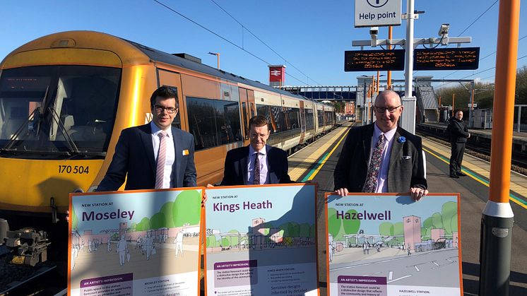 Jonny Wiseman of West Midlands Railway, Mayor Andy Street and Geoff Grant from Transport Focus with the special train