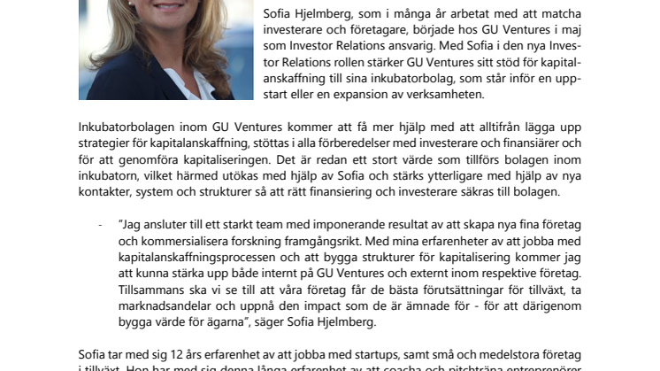 GU Ventures förstärker teamet med Sofia Hjelmberg som ansvarig för Investor Relations!