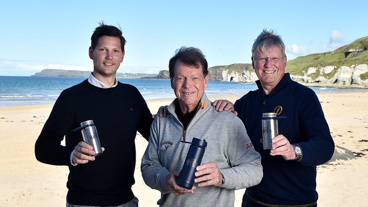(L-R) Anders Jacobson, co-founder and CEO of Blue, the impact led investment company owning Bluewater, Tom Watson, Global Ambassador for The Open, and Martin Slumbers, Chief Executive of The R&A, launch The Open Water initiative at Portrush.