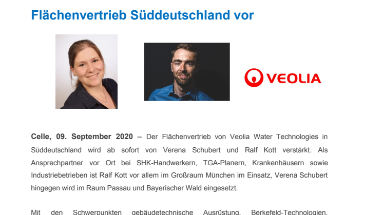 Veolia Water Technologies stellt Verstärkung im Flächenvertrieb Süddeutschland vor