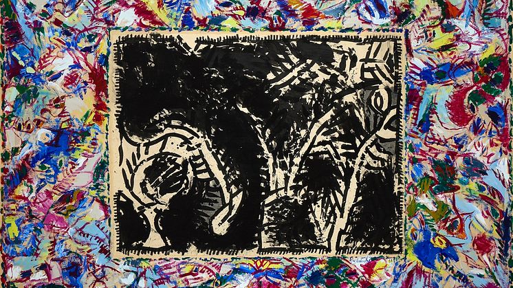 Pierre Alechinsky- "Lucioles". Sign. Alechinsky 1984. Tusch med akrylbort på papir monteret på lærred. 185 x 284