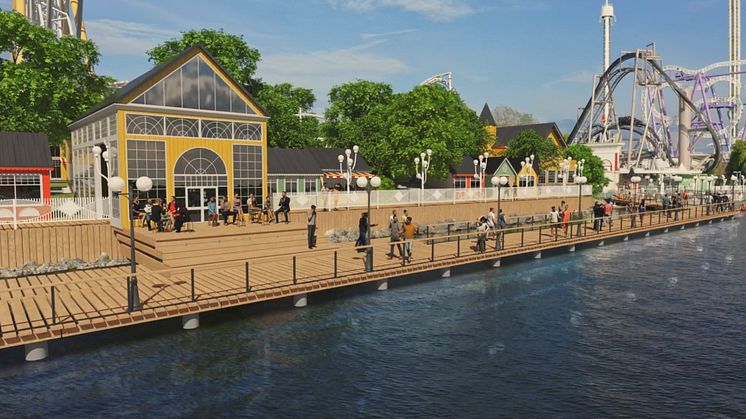Illustration av den nya allmänna strandpromenaden utanför Gröna Lunds framtida utbyggnad