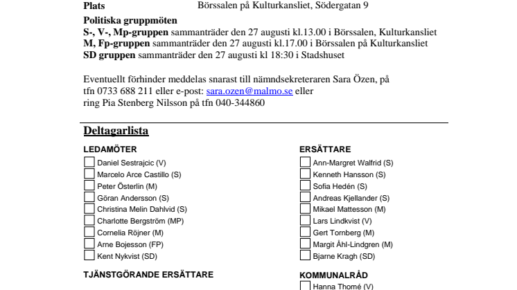 Malmö kulturnämnds sammanträde den 29 augusti