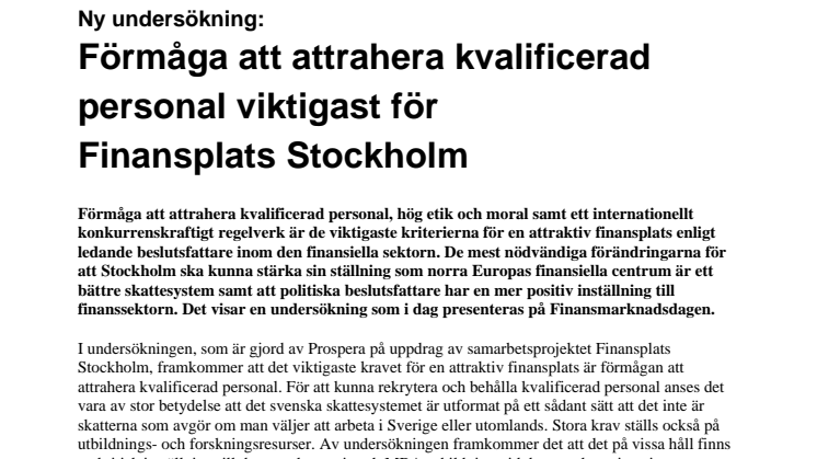Ny undersökning: Förmåga att attrahera kvalificerad personal viktigast för Finansplats Stockholm