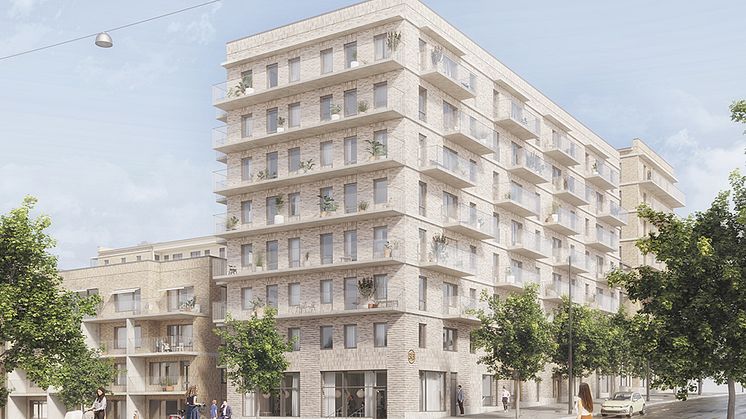 En preliminär skissillustration visar hur huskropparna med SKB:s kooperativa hyresrätter ramar in en innergård i det blivande kvarteret Torshamn i Kista äng. Bild: SKB