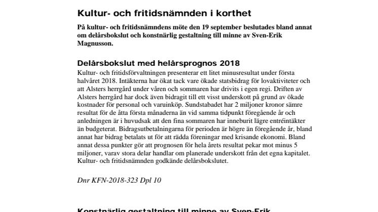 Kultur- och fritidsnämndens beslut i korthet 19 september