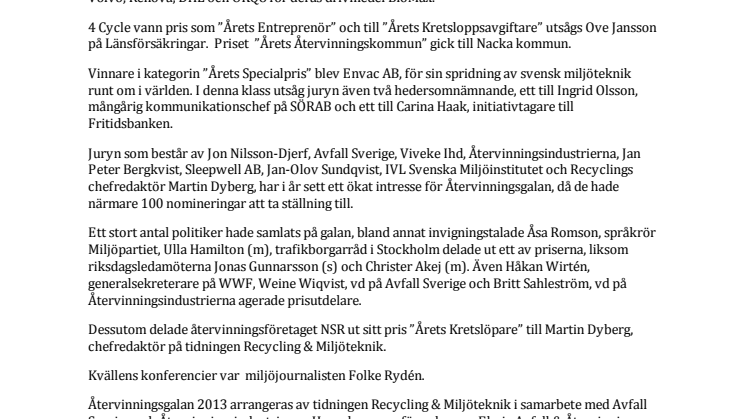 TIO MILJÖHJÄLTAR PRISADE PÅ ÅTERVINNINGSGALAN