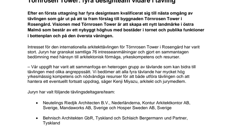 Törnrosen Tower: fyra designteam vidare i tävling