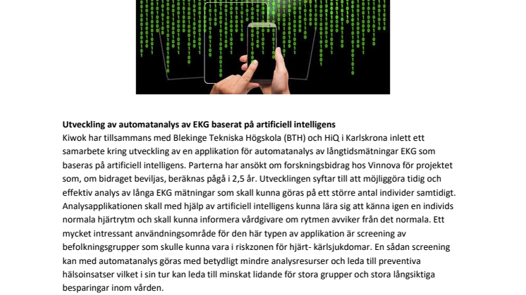 Kiwok, BTH och HiQ ansöker om forskningsbidrag för AI projekt