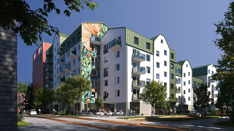 Två av det nya husets gavlar får en drygt 200 kvadratmeter stor muralmålning. Motivet på bilden är en markeringsbild.