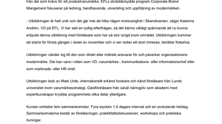 Ny unik utbildning på EFL i Lund "Corporate Brand Management"