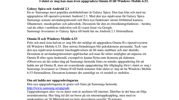 Galaxy Spica och Omnia II uppgraderas gratis