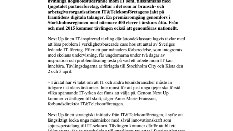 Nu sparkar vi loss: Next Up, tävlingen där åttondeklassare möter IT-branschen!
