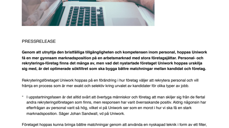 Uniwork sätter sin fot på arbetsmarknaden med sitt unika sökfilter