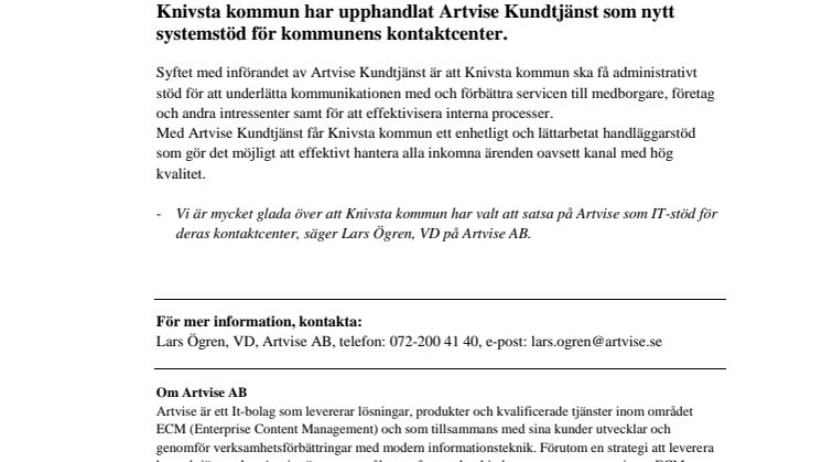 Artvise får order från Knivsta kommun gällande Artvise Kundtjänst!
