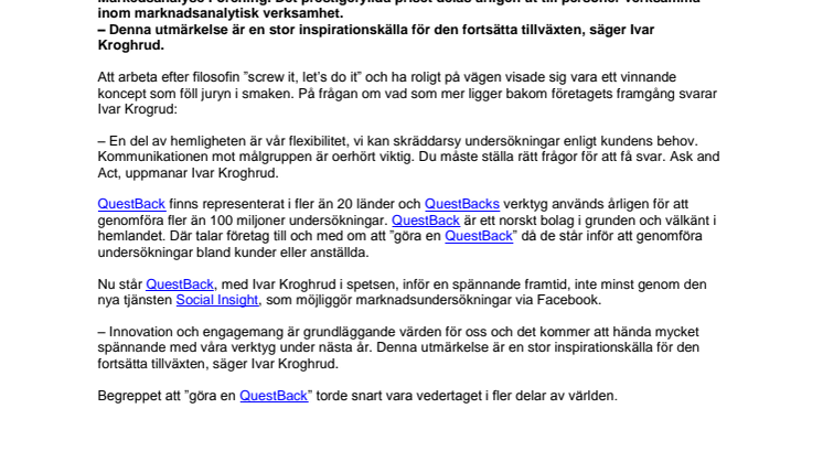 Årets marknadsanalytiker 2012 finns hos QuestBack