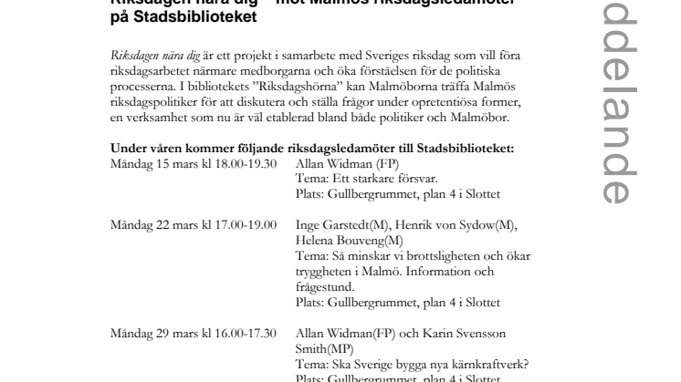 Riksdagen nära dig – möt Malmös riksdagsledamöter på Stadsbiblioteket