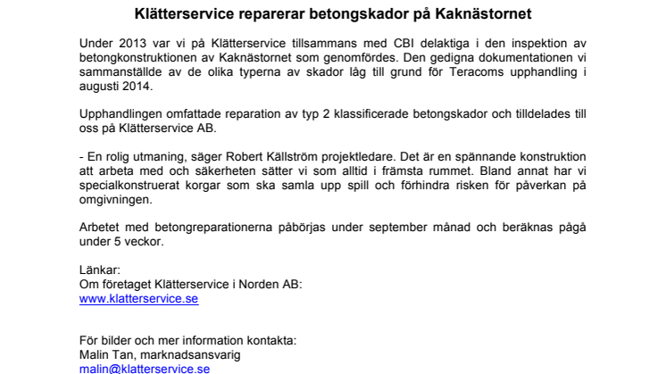 Klätterservice reparerar betongskador på Kaknästornet