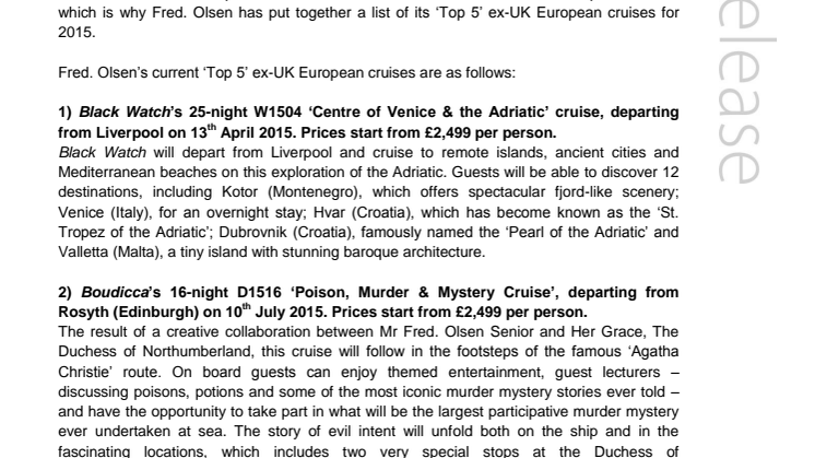 Fred. Olsen Cruise Lines names ‘Top 5’ ex-UK European cruises for 2015